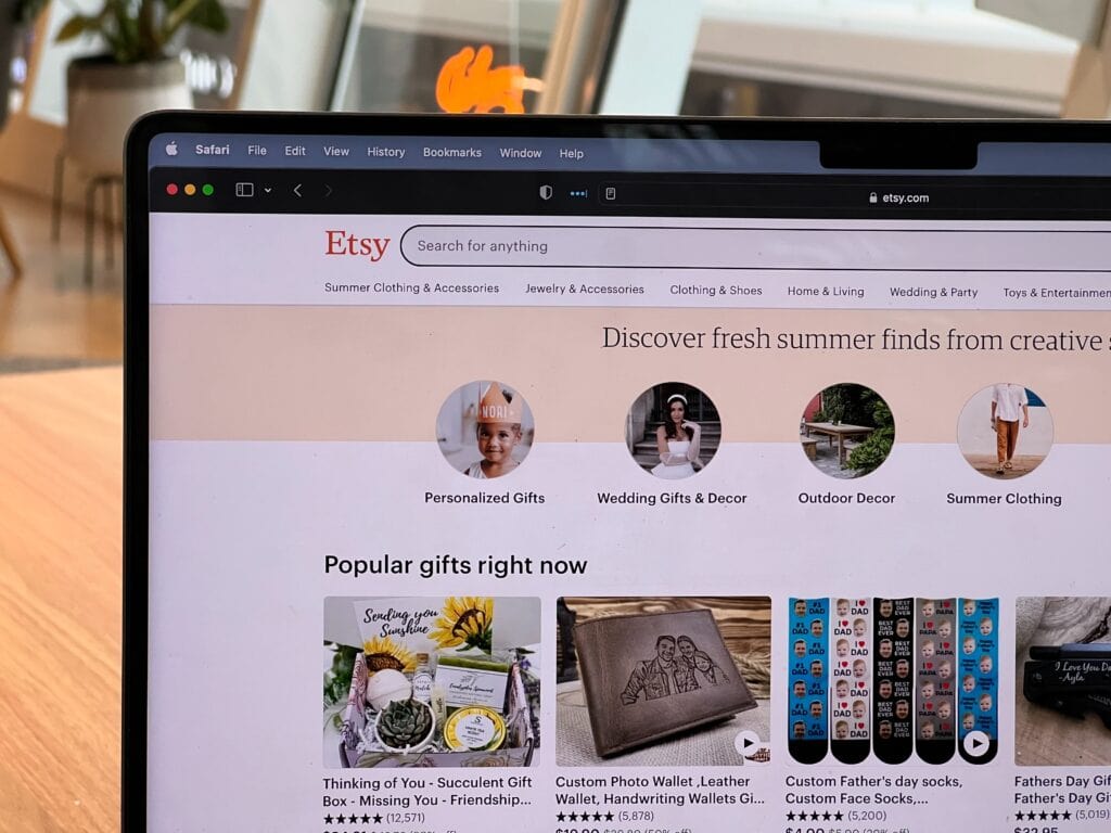Computer screen showing Etsy home page